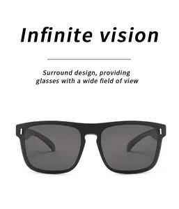 Detail showing sleek black large frame polarized sunglasses with a surround design.