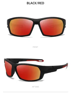 Vues de face et de profil à 45 degrés de lunettes de soleil de sport polarisées noir et rouge.