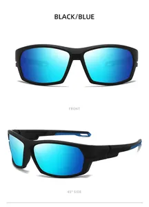 Vues détaillées avant et latérales de lunettes de soleil polarisées à monture noire et verres bleus
