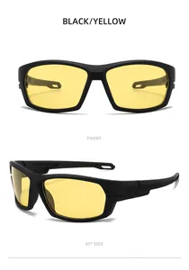 Détails de lunettes de soleil de sport à monture noire et verres jaunes sous deux angles
