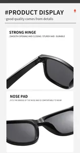 Detail view of sturdy hinges and comfortable nose pads on black square sunglasses.