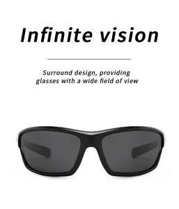 Front view of black sports cycling sunglasses with wide vision surround design