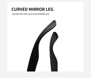 Close-up detail of black curved geometric arc anti-skid sunglasses mirror legs for outdoor use