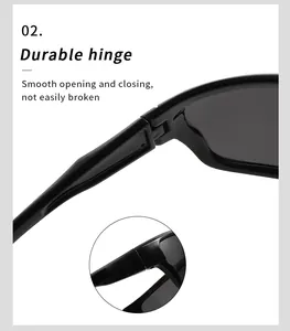 Close-up detail of durable hinge on black sports cycling sunglasses