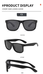 Detail view showing front, 45-degree, and side angles of black square sunglasses