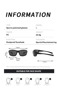 Specification chart for polarized sports sunglasses with dimensions and face shape guide