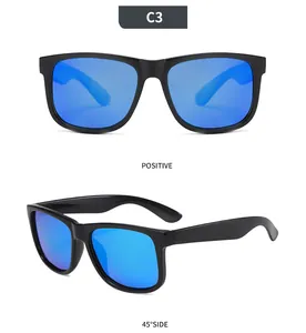 Professional square polarized sunglasses with blue mirrored lenses in front and side views