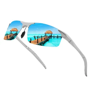 Detailansicht der polarisierten Sportsonnenbrille mit silbernem Rahmen und blauen Gläsern