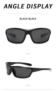 Detail view showing front and 45-degree side angles of black polarized sports sunglasses