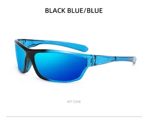 45-degree side view of black and blue polarized sports sunglasses with blue mirrored lenses