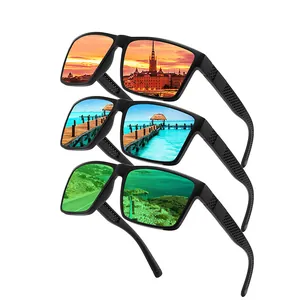 Polarized sports sunglasses for men featuring sunset, tropical, and coastal lens reflections