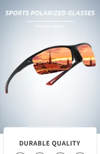 Detalle de gafas de sol deportivas polarizadas con lentes de espejo naranjas y montura al aire.