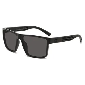 Men's polarized outdoor sports sunglasses with matte black square frames and textured arms
