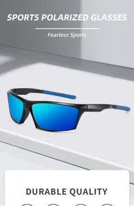Detailed view of black sports sunglasses frame with blue temple tips and mirrored lens