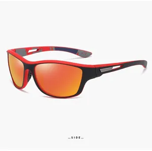 Detaillierte Seitenansicht der polarisierten Herren-Sportsonnenbrille in Rot und Schwarz.