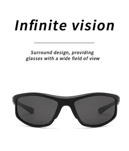 Detail view of black polarized sports sunglasses with a wide field wrap-around frame design.