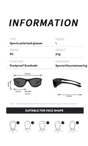 Detailed specifications for sports polarized sunglasses including frame dimensions and fit.