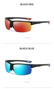 Vista detallada de gafas de sol deportivas polarizadas en negro-rojo y negro-azul