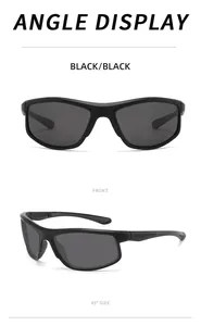 Detailed front and side views of black polarized sports sunglasses for outdoor activities