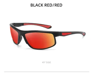 Detailed 45-degree side view of black and red polarized outdoor sports sunglasses.
