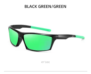45-degree side view of black and green polarized sports sunglasses with green lenses