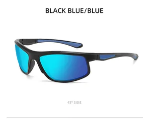 Detailed 45-degree side view of black sports sunglasses featuring blue polarized lenses