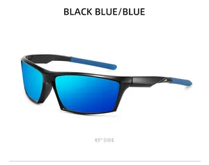 Detailed side view of black frame sports sunglasses with blue mirrored polarized lenses