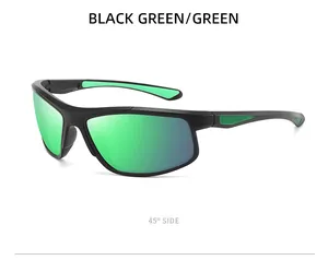 Detailed side view of black frame sports sunglasses with green polarized lenses