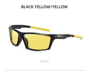45-degree side view of polarized sports sunglasses with black frame and yellow lenses.