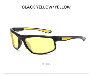Professional sports sunglasses with black frames and yellow polarized lenses at 45 degree side