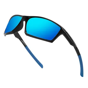 Sporty black polarized sunglasses with blue mirrored lenses for outdoor cycling and driving