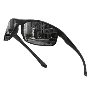 Polarized square frame sports sunglasses for driving and fishing with city reflection