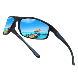 Sporty polarized fishing sunglasses with blue mirrored lenses and black square frame