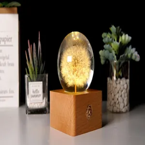 Close-up of dandelion crystal ball night light on a wooden base with warm glow.