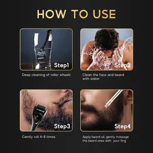 Detailed four-step guide on how to use a beard growth kit with a derma roller and oil