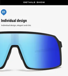Detailed view of large blue mirrored lens on polarized outdoor cycling sunglasses