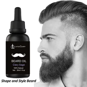 Close-up of beard oil bottle with a model demonstrating groomed facial hair styling