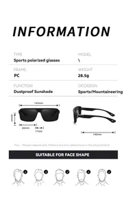 Detailed specification sheet for polarized sports sunglasses with black PC frame