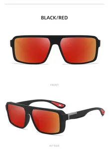 Detail view of outdoor sports sunglasses with matte black frame and red mirrored lenses.