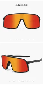 Professional black cycling sunglasses with red polarized lenses in front and side view