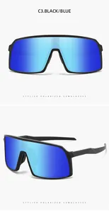 Oversized polarized sports sunglasses with blue mirrored lenses and black frame