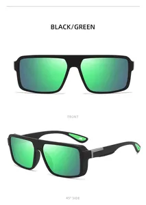 Front and side views of black frame sunglasses with green polarized lenses
