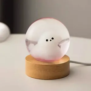 Detailed view of a cute fluffy dog character inside a glowing crystal ball night light