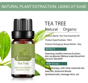 Détail du flacon d'huile essentielle de Tea Tree 10 ml avec effets et mode d'emploi