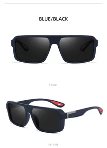 Front and side macro views of matte blue polarized sports sunglasses