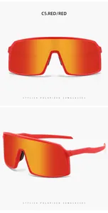 Detailed multi-angle view of stylish red oversized polarized sports sunglasses for cycling