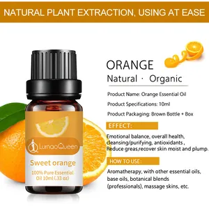 Bouteille d'huile essentielle d'orange douce 10ml avec infographie explicative