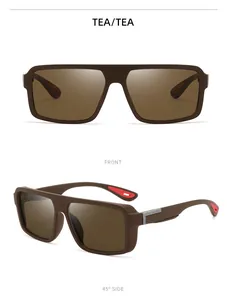 Detailed macro views of brown sports sunglasses with square frames and matte finish.