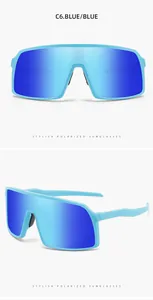 Front and side views of blue polarized oversized sports sunglasses for outdoor cycling