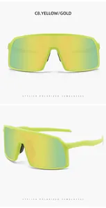 Close-up views showing the neon yellow frame and gold polarized lenses of cycling glasses